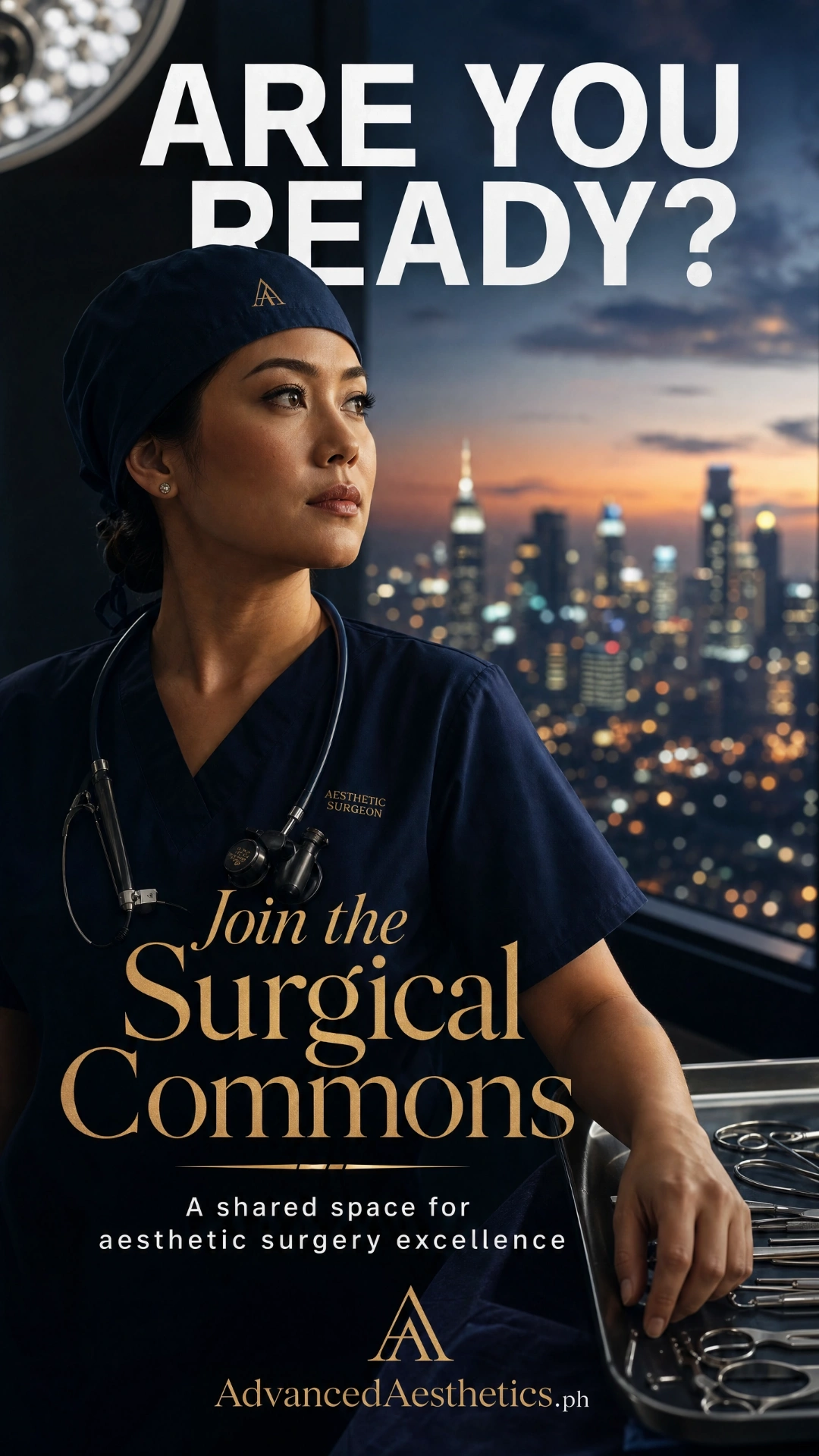 Aesthetic surgeon overlooking Manila skyline — Join the Surgical Commons