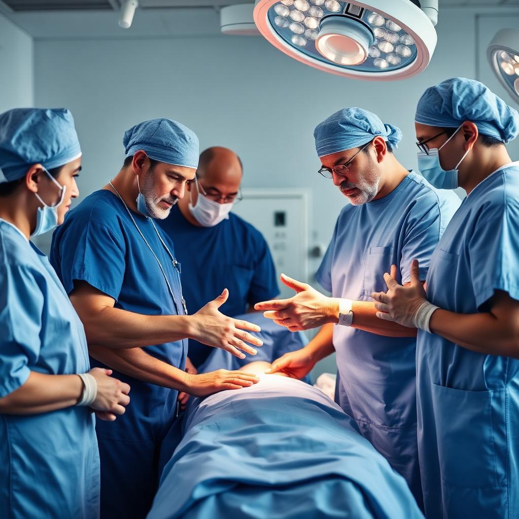 Collaborative surgical team gathered around a patient in a modern operating room